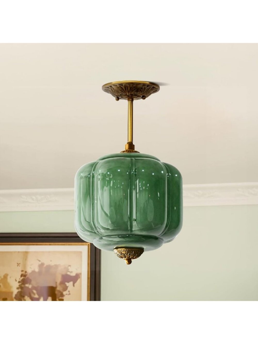 Vintage Green Milk Glass Ceiling Light Fixture - 9 Inch Home Decor Accent